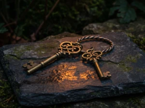 A pair of antique brass keys lying apart on dark stone, symbolizing the quiet distance of feeling like roommates instead of a married couple.