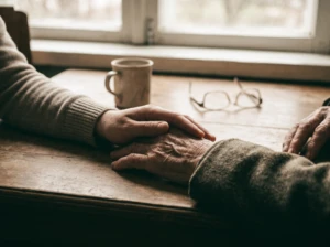 An adult's hand resting gently on an elderly parent's hand, symbolizing the strain and tenderness of caregiving on a marriage.