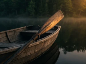 A single oar leaning against an empty rowboat, symbolizing carrying the effort of a marriage alone.