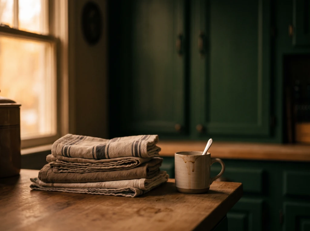 A neatly folded stack of laundry and an unwashed mug left untouched on a kitchen counter, symbolizing unnoticed daily effort in a marriage.