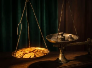 An uneven brass balance scale with gold coins, symbolizing financial imbalance and conflict in marriage.