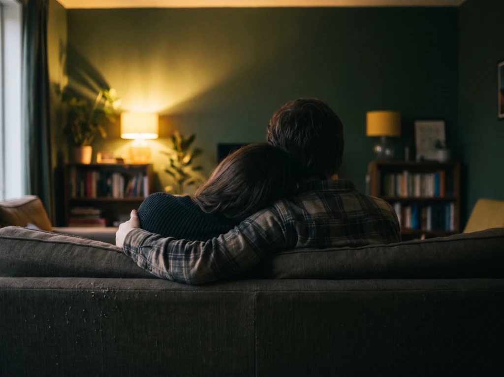 Close-up from behind of a couple embracing on a couch, one leaning into the other for comfort, faces not visible, symbolizing a spouse who needs constant reassurance about the relationship.