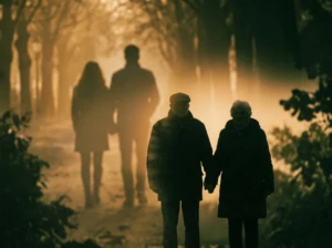 A faded, blurred younger couple silhouette receding in the background behind a sharply focused older couple in the foreground, symbolizing how a spouse can feel like a different person than who you married.