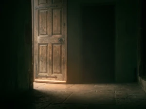A closed wooden door with light glowing faintly underneath, symbolizing a spouse shutting down during conflict.