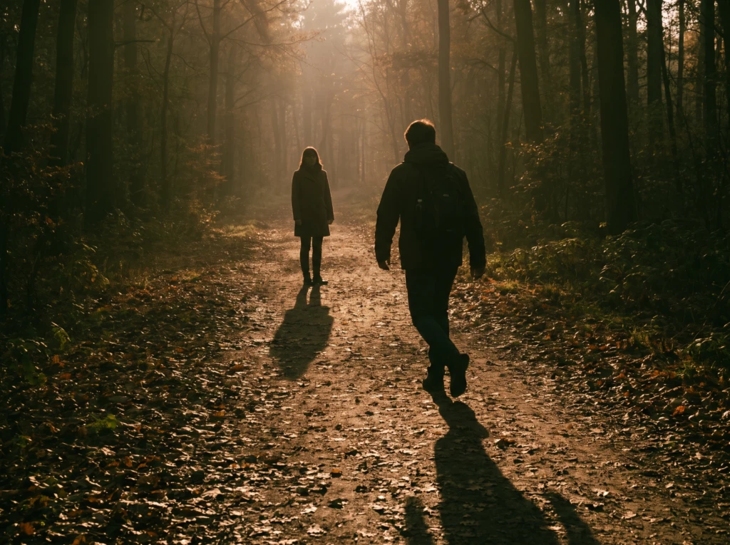 One figure walking briskly ahead down a path while a second figure stands still further behind, symbolizing feeling left behind by a spouse's ambition.
