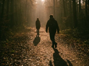 One figure walking briskly ahead down a path while a second figure stands still further behind, symbolizing feeling left behind by a spouse's ambition.