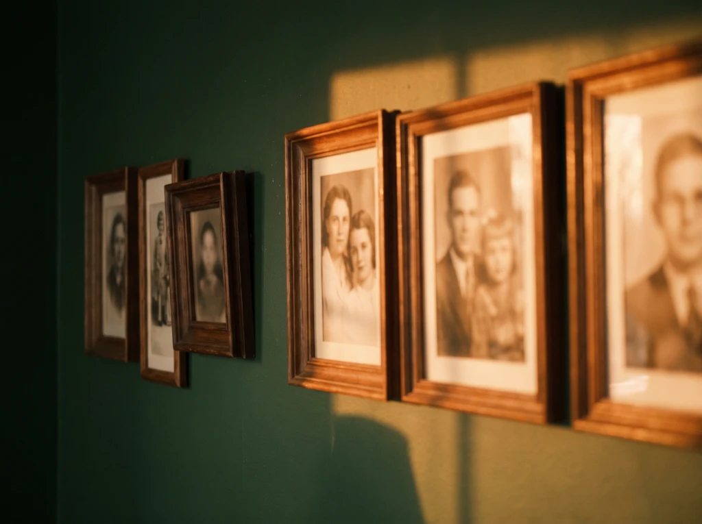 A row of framed family photographs on a wall, with one frame set apart from the others, symbolizing favoritism straining a marriage.