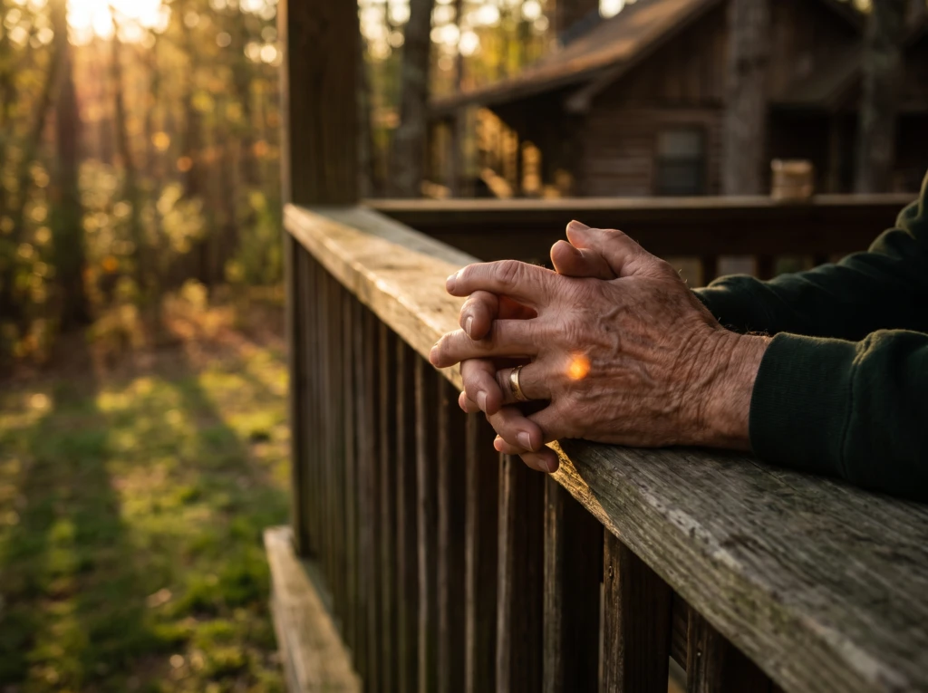 Two elderly people's hands resting together on a wooden porch railing at golden hour, symbolizing a retired couple settling into a new season of life together.