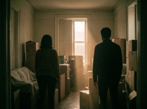 Two silhouetted figures standing on opposite sides of a room filled with moving boxes, symbolizing the tension of deciding whether to relocate.